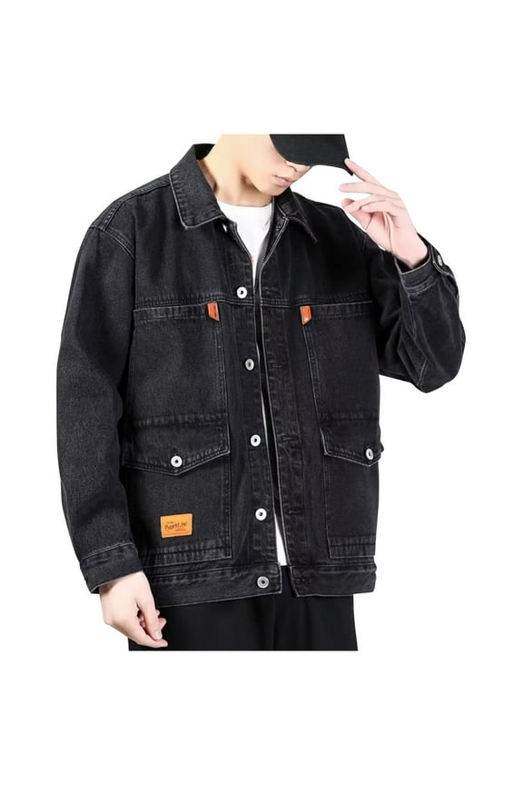 Mens Denim Jacket Qiggri Men's Solid Color Casual Lapel Collar Long Sleeved Button Denim Jacket