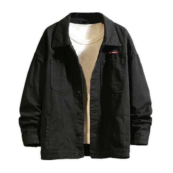 Mens Denim Jacket Qiggri Men's Solid Color Casual Lapel Collar Long Sleeved Button Denim Jacket