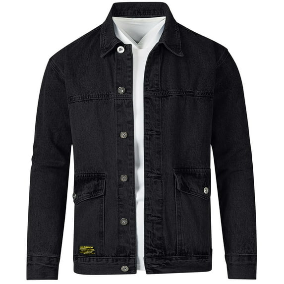 Mens Denim Jacket Qiggri Men's Solid Color Casual Lapel Collar Long Sleeved Button Denim Jacket