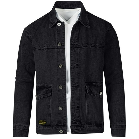 Mens Denim Jacket Qiggri Men's Solid Color Casual Lapel Collar Long Sleeved Button Denim Jacket