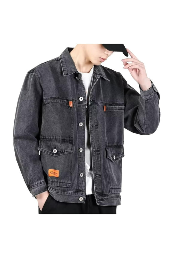 Mens Denim Jacket Qiggri Men's Solid Color Casual Lapel Collar Long Sleeved Button Denim Jacket