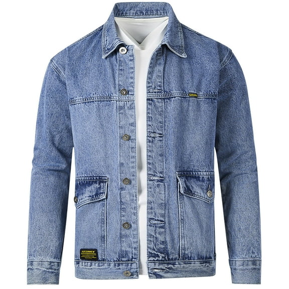 Mens Denim Jacket Qiggri Men's Solid Color Casual Lapel Collar Long Sleeved Button Denim Jacket