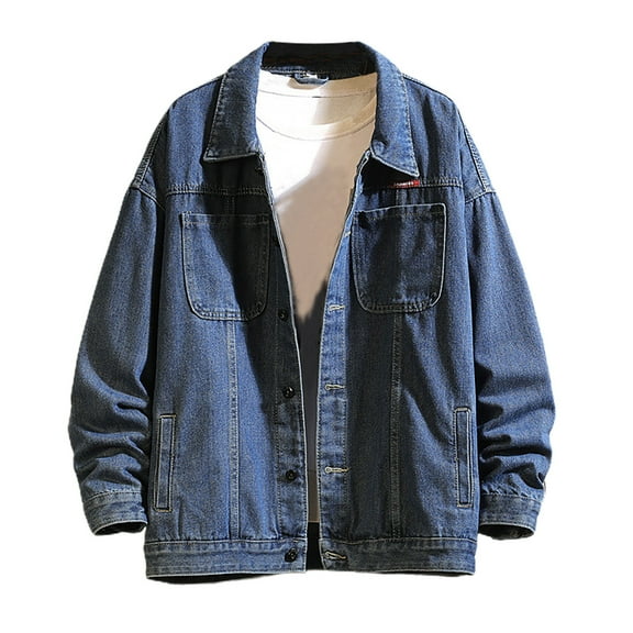 Mens Denim Jacket Qiggri Men's Solid Color Casual Lapel Collar Long Sleeved Button Denim Jacket