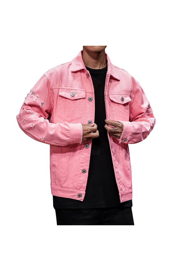 Mens Denim Jacket Qiggri Men's Vintage Solid Color Button Pocket Long Sleeved Denim Jacket