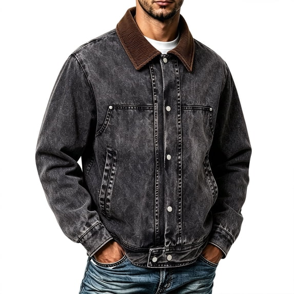 Mens Denim Jacket Vintage Washed Button Down Coat Barn Jackets Acid Wash Jean Jacket Black XL