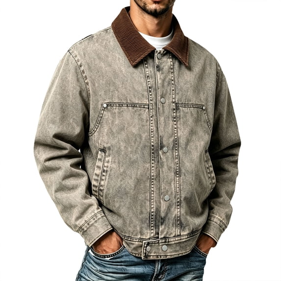 Mens Denim Jacket Vintage Washed Button Down Coat Barn Jackets Acid Wash Jean Jacket Coffee S