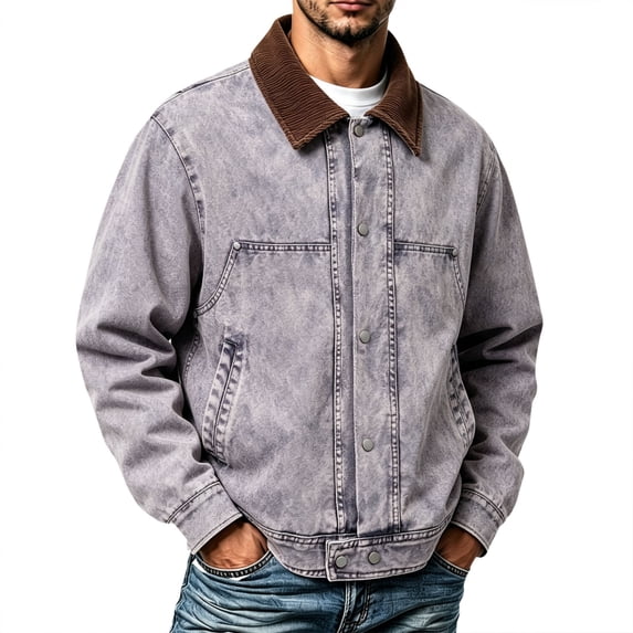 Mens Denim Jacket Vintage Washed Button Down Coat Barn Jackets Acid Wash Jean Jacket Grey1 L