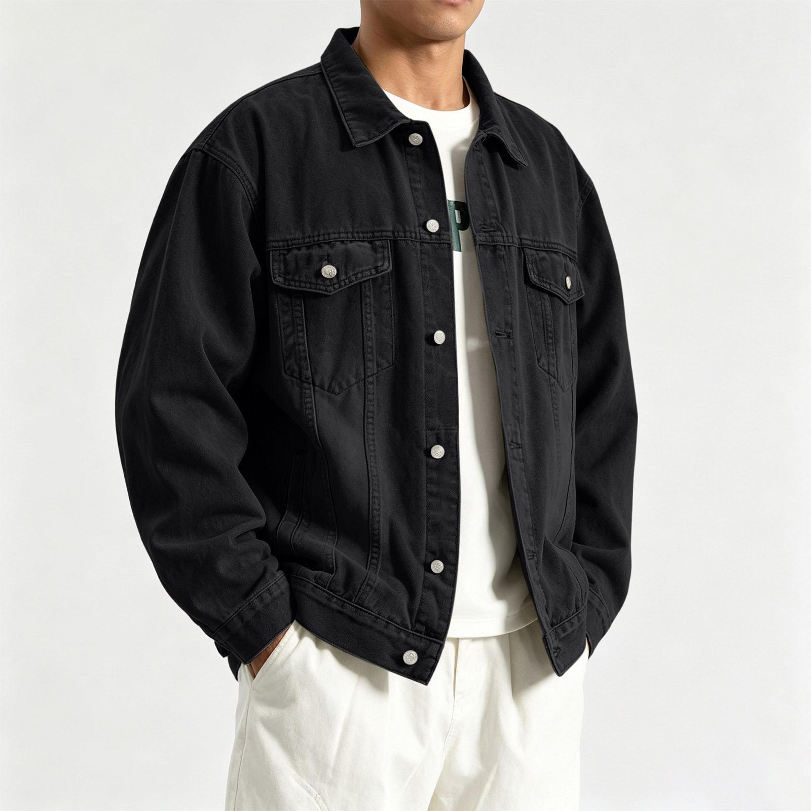 Mens Denim Jackets Button Down Long Sleeve Stand Up Collar Fashion Solid Color Jacket with Pockets for Fall Daily Wear Black 01 XXXL