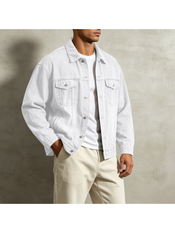 Mens Denim Jackets Relaxed Fit Trucker Oversized Jean Chest Pockets Classic Comfy Button(White,XXXL)