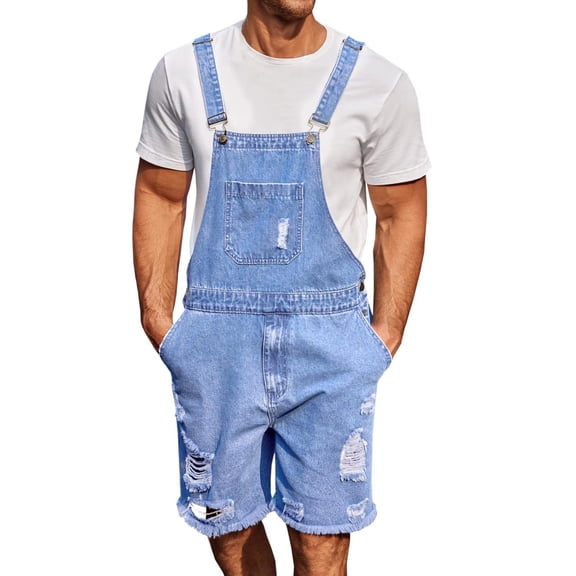 Mens Denim-Like Ripped Distressed Bib Overalls Summer Outdoor Quick Dry Durable Lightweight Shortalls Knee Length Streetwear with Adjustable Straps for Farmers & Construction
