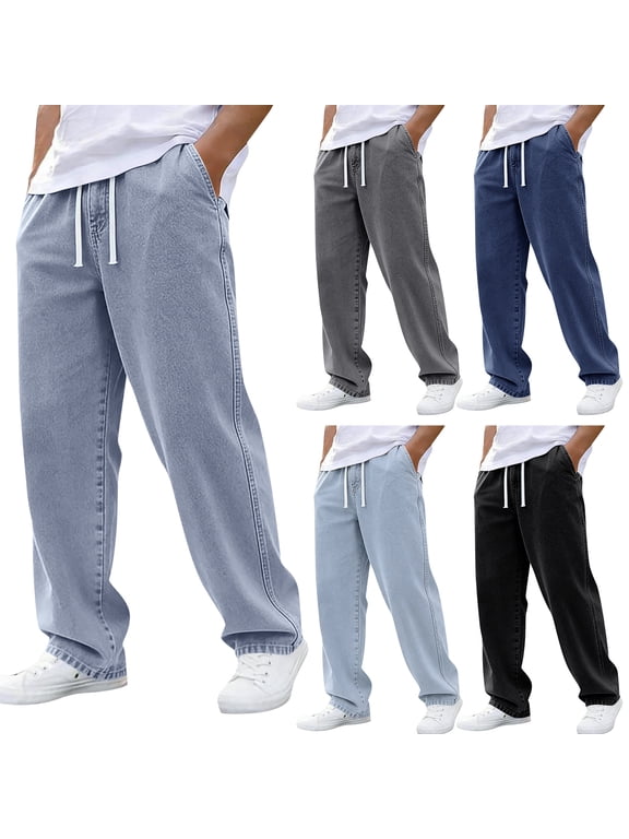 Mens Denim Pants Wide Leg Drawstring Elastic Waist Loose Straight Leg Jeans Casual Vintage Washed Trousers with Pockets Fall Winter Streetwear Black 4XL