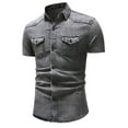thumbnail image 1 of Mens Denim Shirt Casual Slim Fit Button Down Short Sleeve Washed Jean T-Shirts Trendy Snap Button Down Retro Tee Top Gray M, 1 of 4