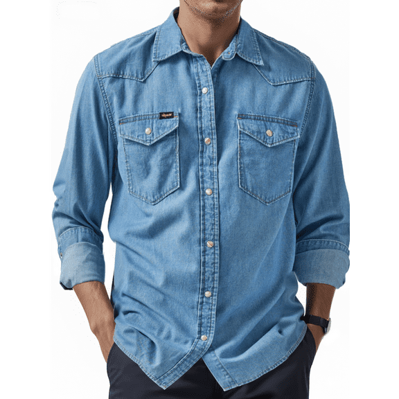 Puztloy Shirts for Men Denim Fall Long Sleeve Button Down Shirts Wrinkle Free Casual Regular Fit with Pocket