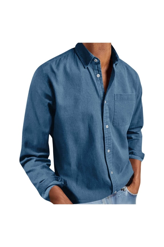Mens Denim Shirt Long Sleeve Button Down Casual Shacket Work Western Shirts Regular Fit Blouse