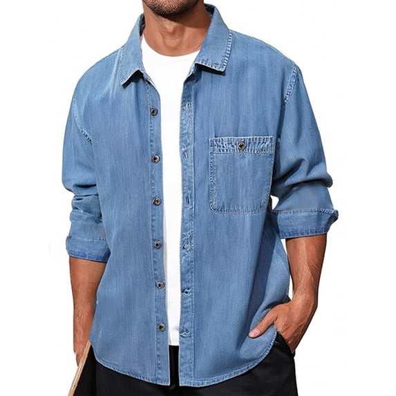 Mens Denim Shirt Long Sleeve Jean Work Shirts Regular Fit (BU2 XXXL)
