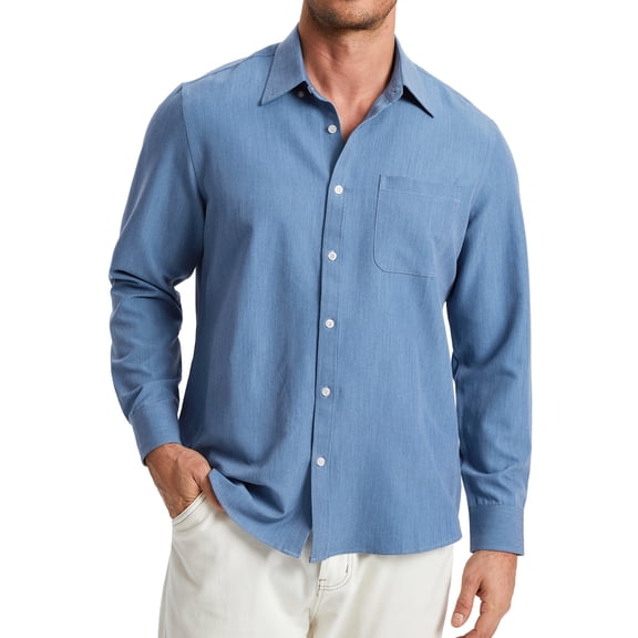Mens Long Sleeve Button Down Shirt Casual Denim-Look Shirt Oxford Collar with Pocket L