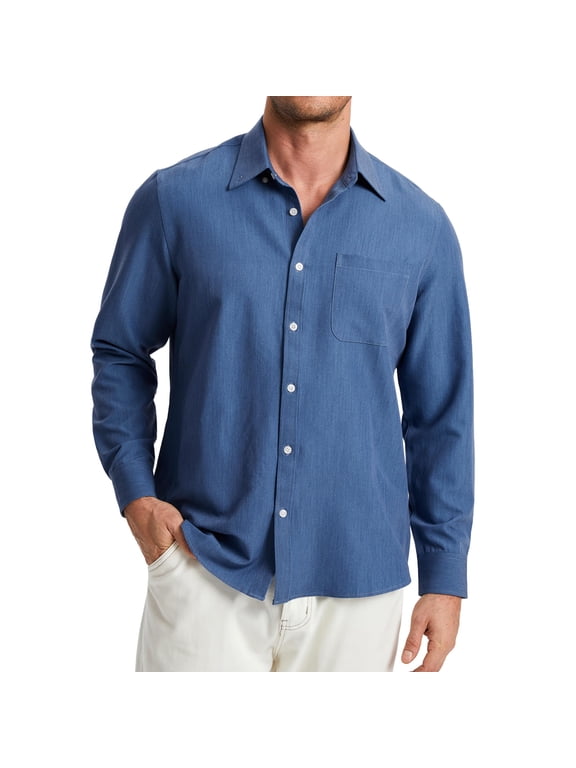 Men's Blue Denim Long Sleeve Shirts Western Cowboy Shirt Casual Button Down Up Work Shirts L