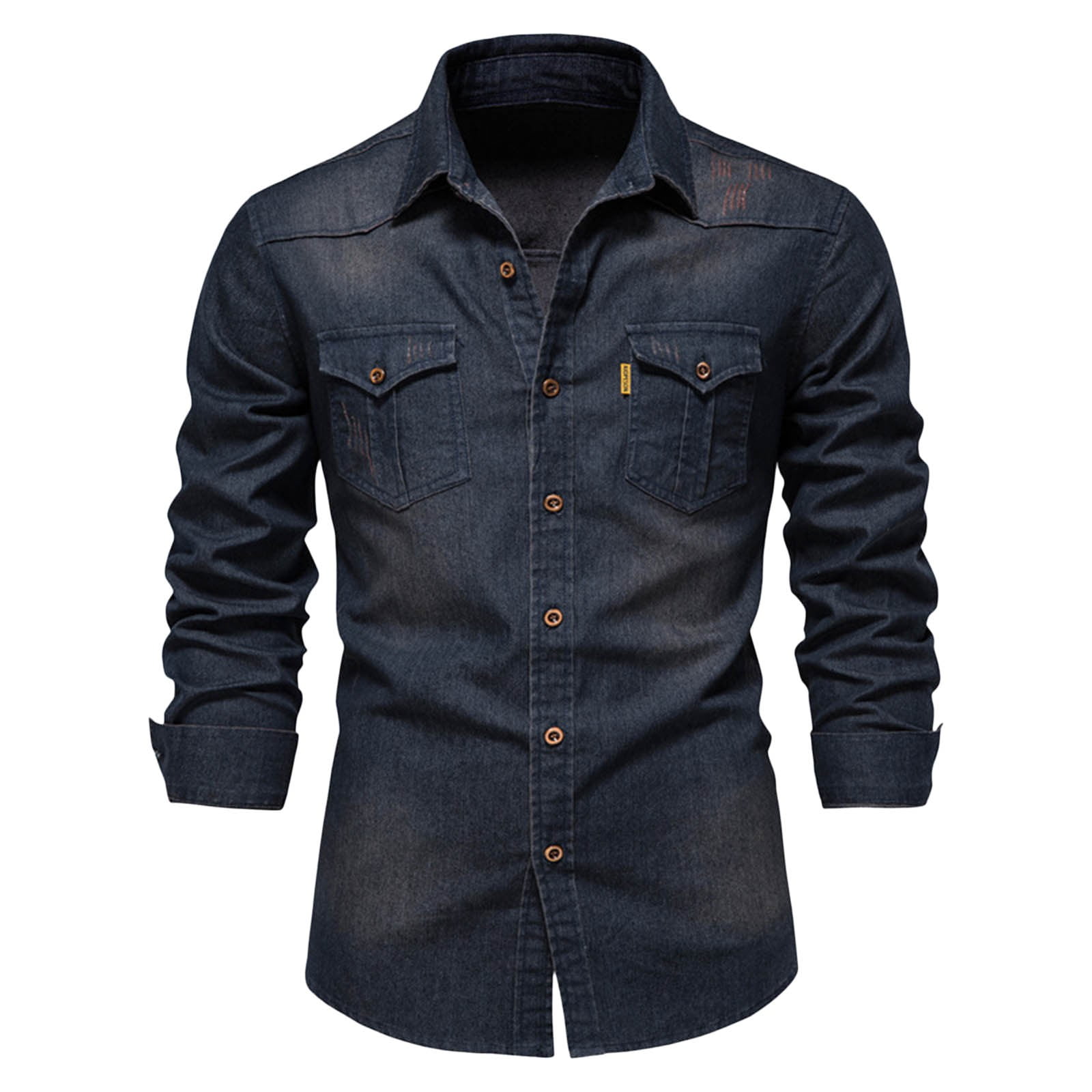 Mens Denim Shirts Work Shirts Classic Slim Pocket Jeans Long Sleeve Button Pocket Shirt