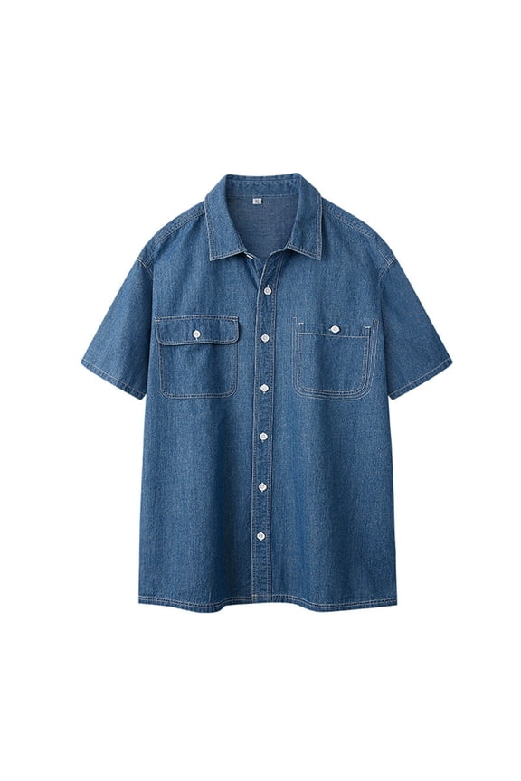 Mens Denim Short Sleeve Button Down Shirts Two Pocket Western Cowboy Soft Work Casual Denim Shirt