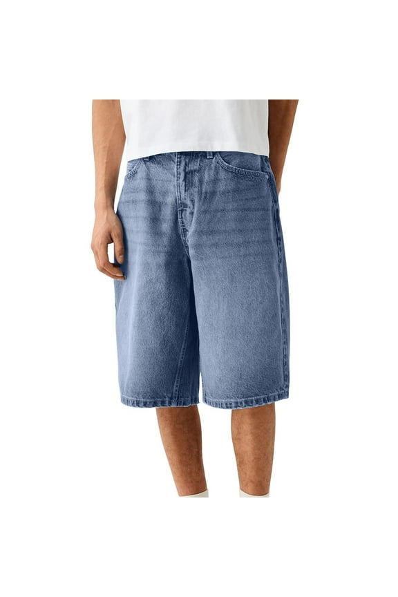 Jean Shorts for Men Classic Street Style Hop Denim Bermuda Shorts with Pockets Solid Color Loose Casual Wide Leg Denim Shorts Men