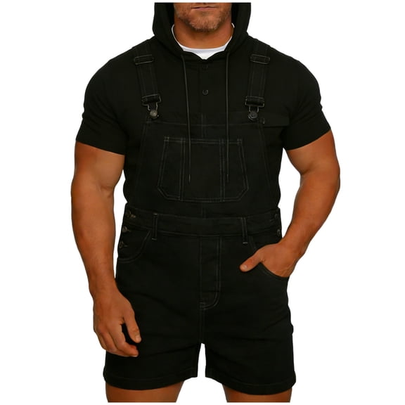Mens Denim Shorts Bib Overall Jean Romper Distressed Washed Baggy Walkshort Adjustable Strap Hip Hop Jumpsuit