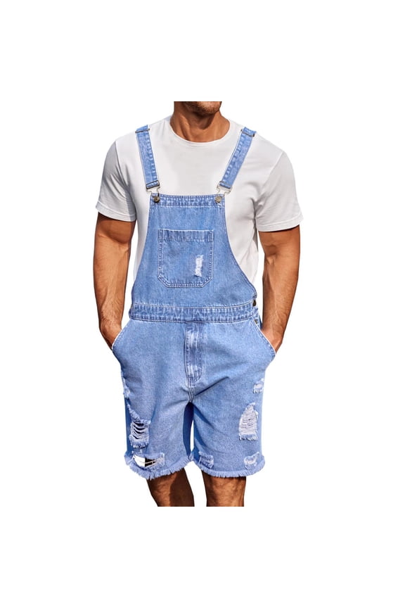 Mens Denim Shorts Bib Overall Loose Fit Ripped Jeans Adjustable Straps Summer Workwear Jumpsuit with Pockets