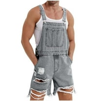 Mens Denim Shorts Bib Overall Ripped Jean Romper Casual Loose Fit Workwear Adjustable Straps Summer Jumpsuit with Pockets