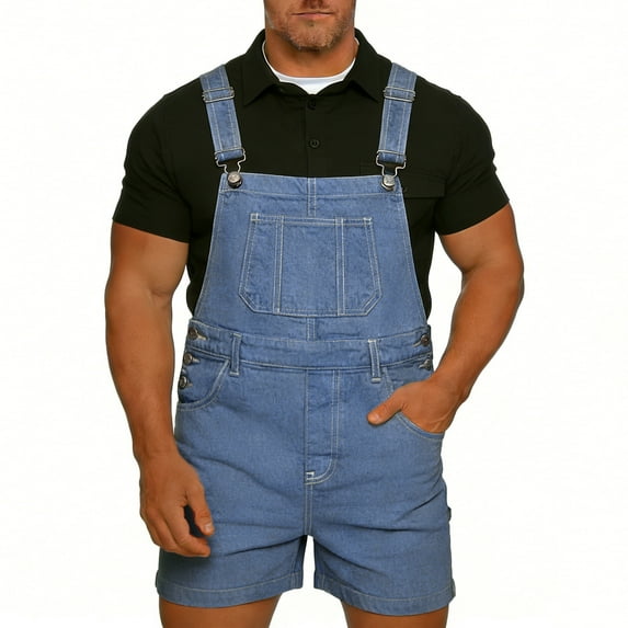 Mens Denim Shorts Overall Jean Romper 1 Piece Casual Sweatwear Loose Fitting Summer Jumpsuit with Pockets