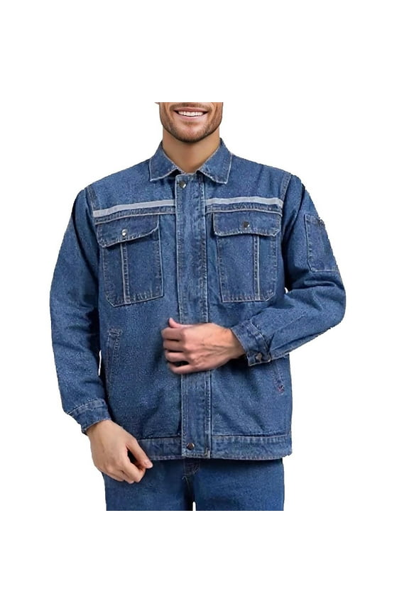 Mens Denim Suit Casual Denim Multi Pocket Button Down Work Jackets and Jeans 2 Piece