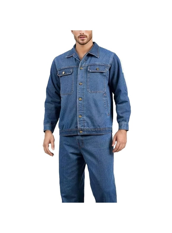 Mens Denim Suit Casual Denim Multi Pocket Button Down Work Jackets and Jeans 2 Piece