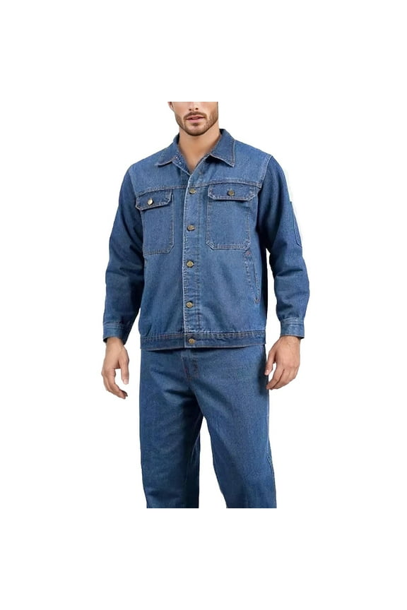 Mens Denim Suit Casual Denim Multi Pocket Button Down Work Jackets and Jeans 2 Piece