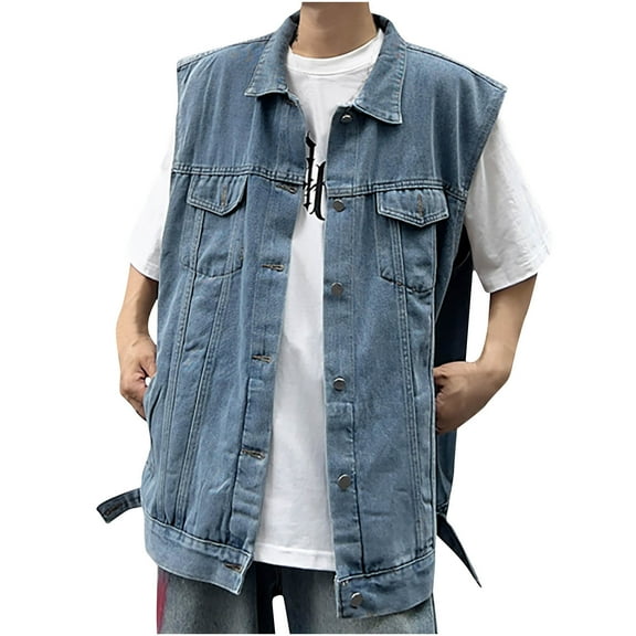 Mens Denim Vest Sleeveless Motorcycle Jacket Vintage Distressed Open Front Big and Tall Trucker Jean Jackets