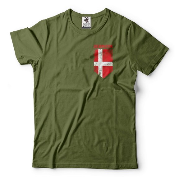 Mens Denmark Pocket Flag Shirt Danish Flag Tee Danish Patriotic Gifts Denmark Vikings Tee (Small Military Green)