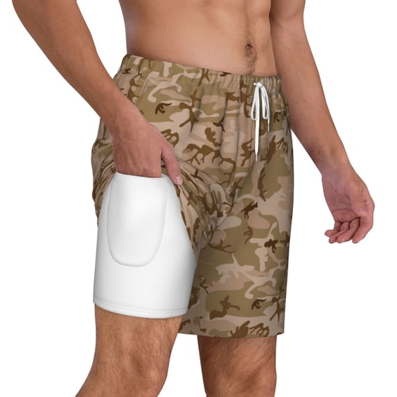 Mens Desert Camouflage 2 in 1 Quick Dry Swim Trunks with Compression Liner Beach Shorts
