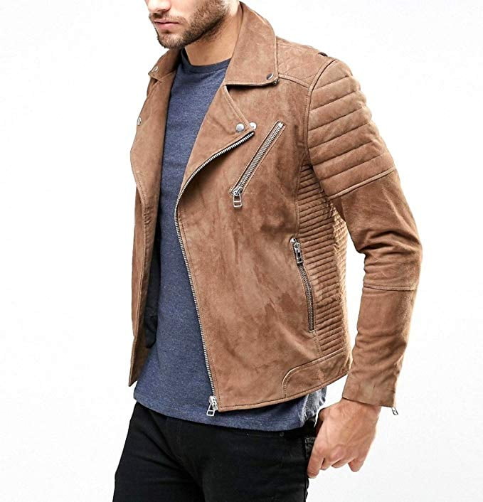 Mens Designer Biker Camel Suede Leather Jacket SouthBeachLeather
