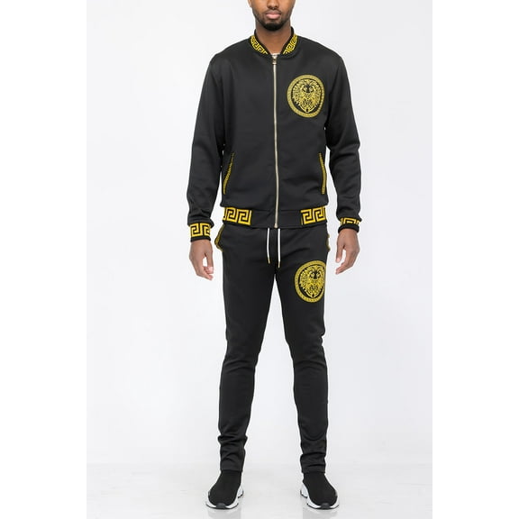 Mens Designer Lion Head Embroidered Full Suit Track Jacket and Track Pant Jogger Set