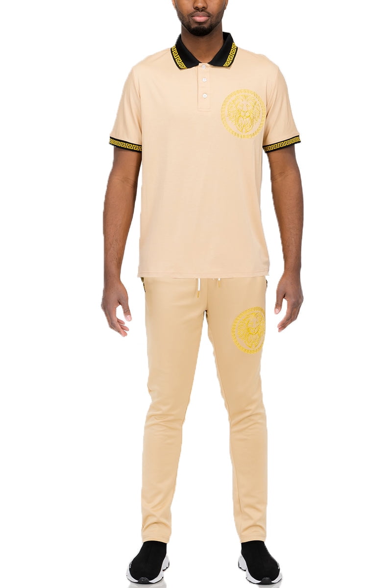 Mens Designer Polo Shirt and Track Pant Lion Head Embroidered Set