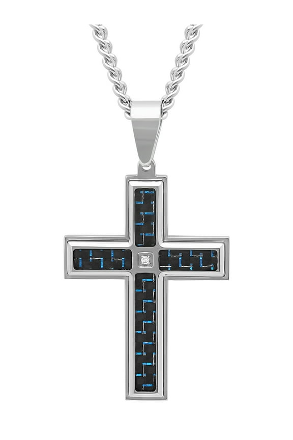 Mens Diamond Accent Stainless Steel Carbon Fiber Inlay Cross Pendant Necklace
