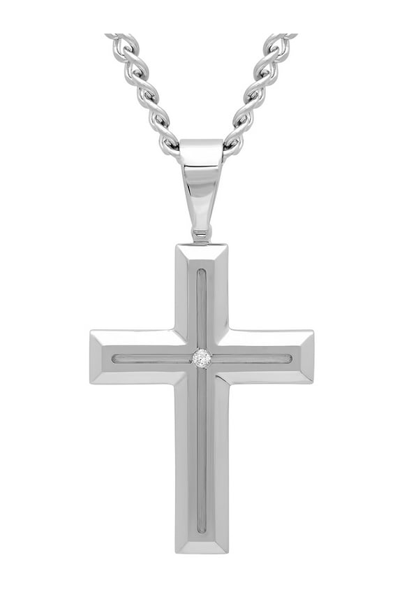 Mens Diamond Accent Stainless Steel Cross Pendant Necklace