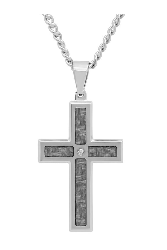 Mens Diamond Accent Stainless Steel Gray Carbon Fiber Cross Pendant Necklace