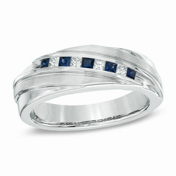 Mens Diamond Band, Mens Blue Sapphire And Diamond Engagement Ring, Nine Stone Band, Channel Set Diamond Band, 1.8 Ct Simulated Blue Sapphire And Diamond, 14K White Gold Plated