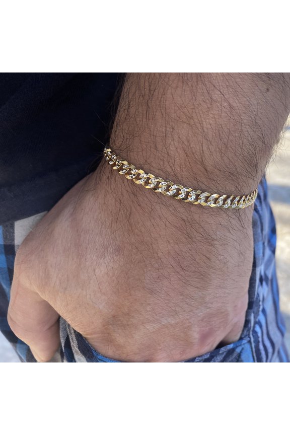 Mens Diamond Cut Bracelet 14K Gold Plated On Solid 925 Sterling Silver 2 Tone Miami Cuban 7.5" inch x 5MM Thick