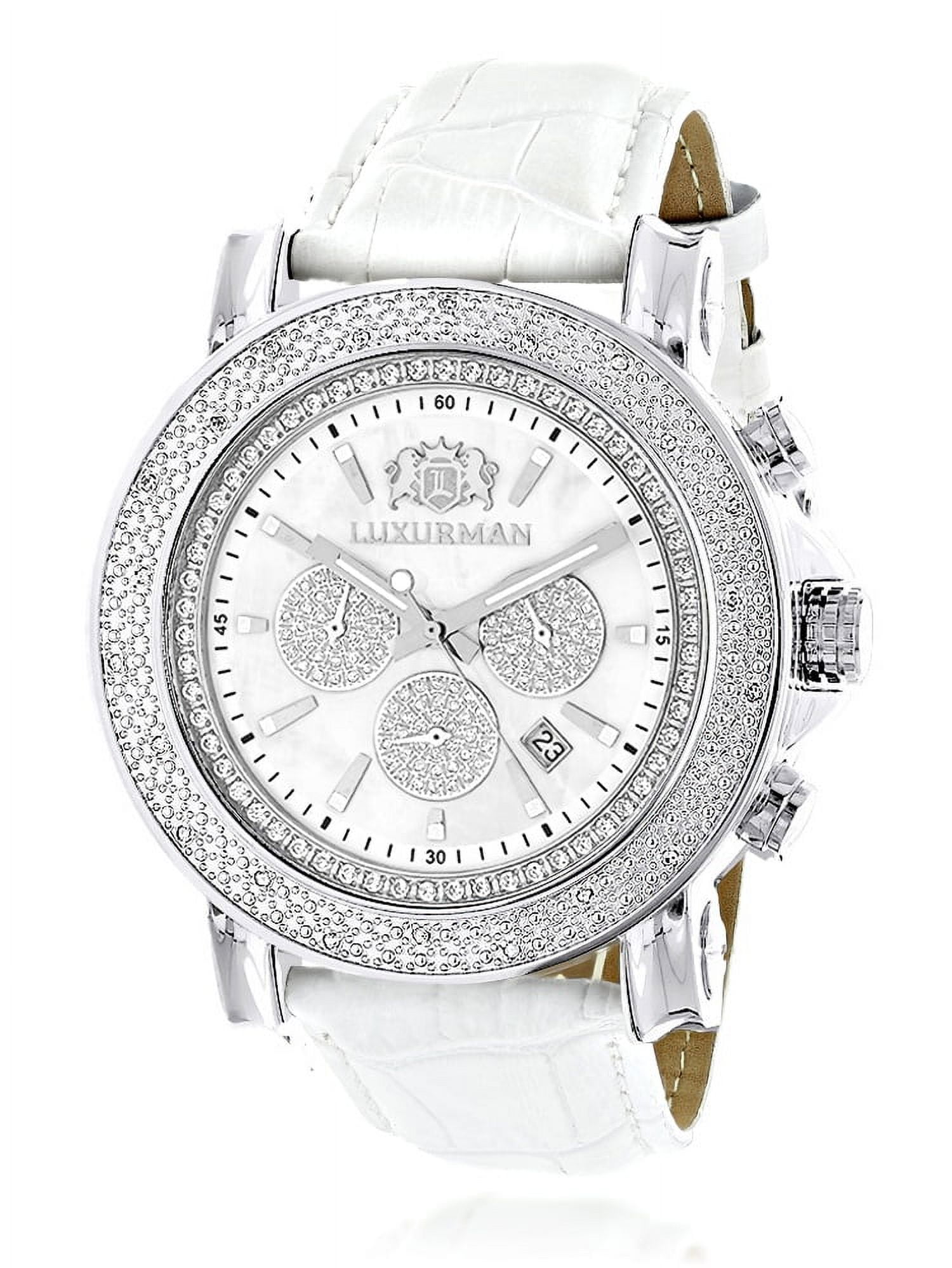 LUXURMAN Mens Diamond Oversized Watch 0.25ct White Mop Escalade w Chronograph and Leather Bands