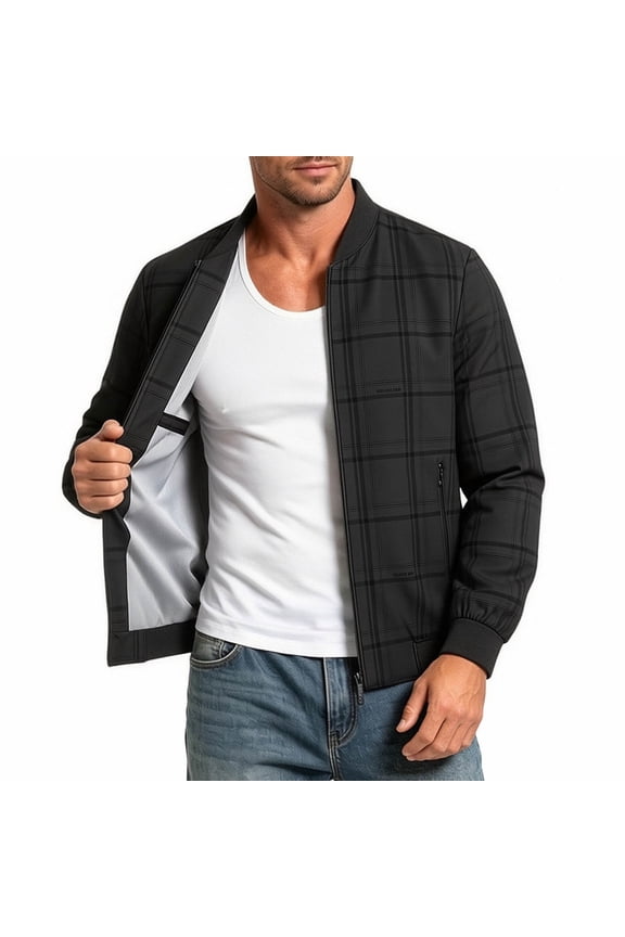 Mens Diamond Pattern Zip Up Bomber Jacket Plus Size Ribbed Baseball Collar Elastic Cuff Business Casual Coat with Zipper Side Pockets Black L