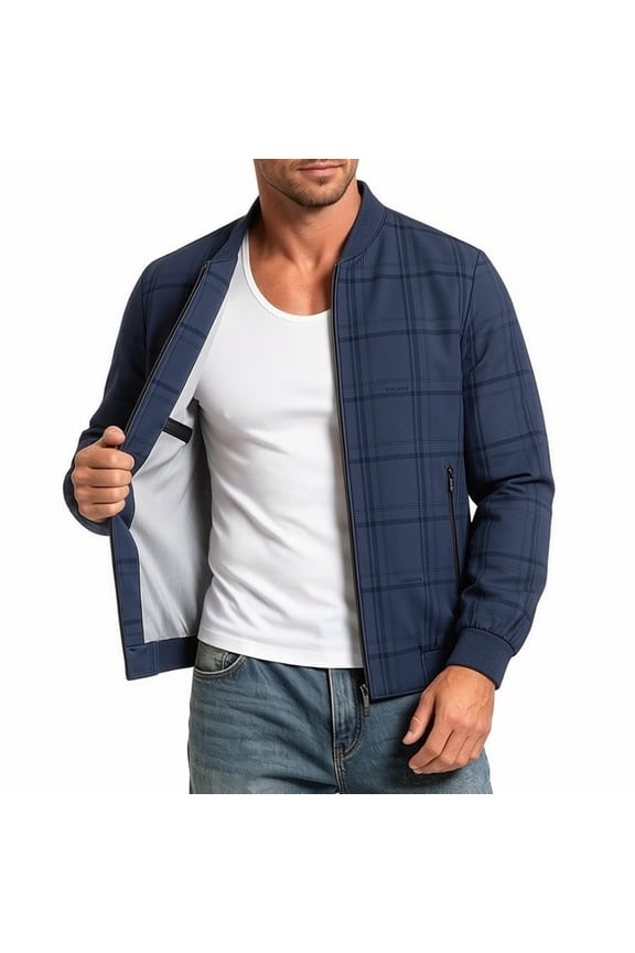 Mens Diamond Pattern Zip Up Bomber Jacket Plus Size Ribbed Baseball Collar Elastic Cuff Business Casual Coat with Zipper Side Pockets Dark Blue L