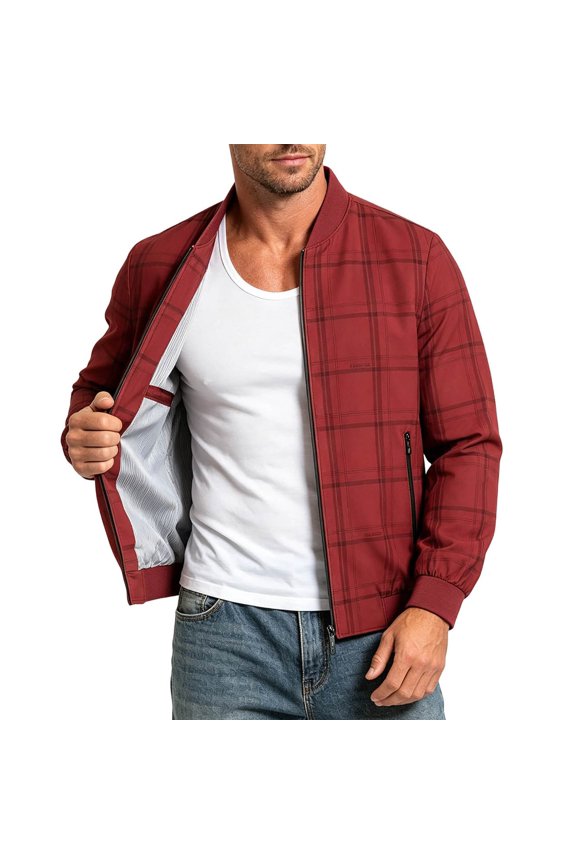 Mens Diamond Pattern Zip Up Bomber Jacket Plus Size Ribbed Baseball Collar Elastic Cuff Business Casual Coat with Zipper Side Pockets Red 4XL
