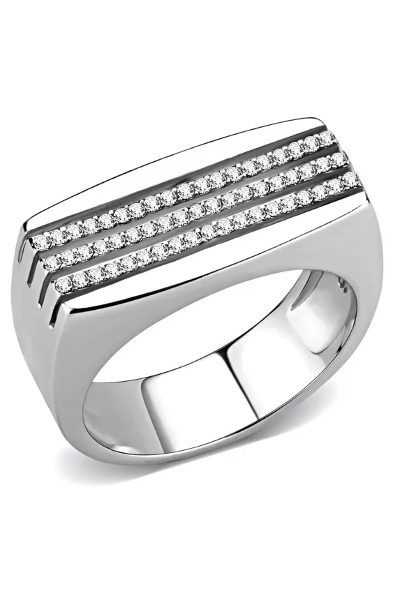 Mens Diamond Ring, Mens Pave Set Triple Row Diamond Engagement Ring, Euro Shank Ring, 1.8 Ct Simulated Diamond, 14K White Gold Plated