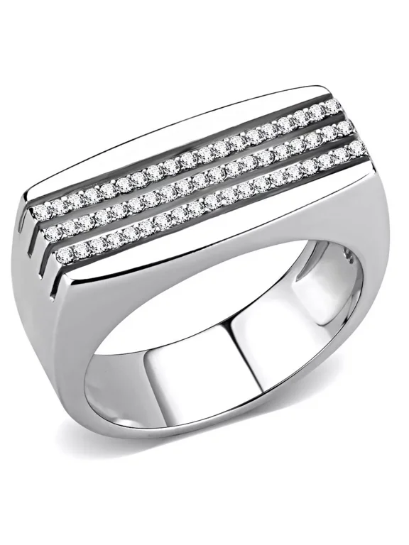 Mens Diamond Ring, Mens Pave Set Triple Row Diamond Engagement Ring, Euro Shank Ring, 1.8 Ct Simulated Diamond, 14K White Gold Plated
