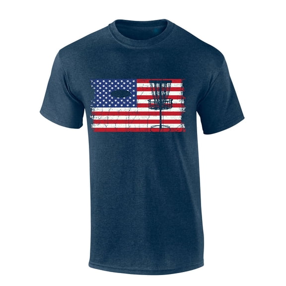 Mens Disc Golf Tshirt Disc Golf Distressed American Flag Short Sleeve T-shirt-Heather Navy-xl