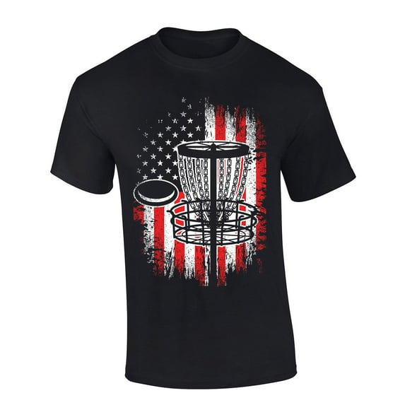 Mens Disc Golf Tshirt Distressed Vertical Disc Golf American Flag Short Sleeve T-shirt-Black-4xl